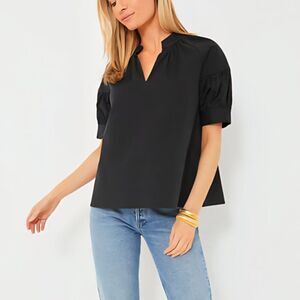 Nwt Tuckernuck - XL Black Ruthie Blouse V-Neck Short Puff Sleeve Cotton Top Blk